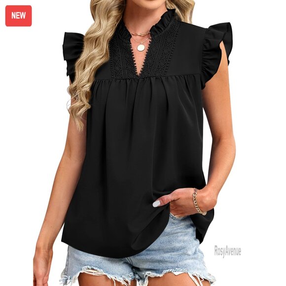 Tops - Loose Fit Ruffle Sleeve Lace Embroidered V Neck Blouse Tank Top